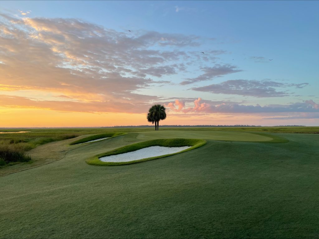 Coastal golf course at sunrise with sand bunkers, a lone palm tree, and vibrant pastel clouds